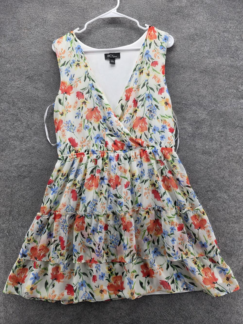BCX Dress Womens Large Pink Floral Sleeveless V Neck Tiered Spring Summer New